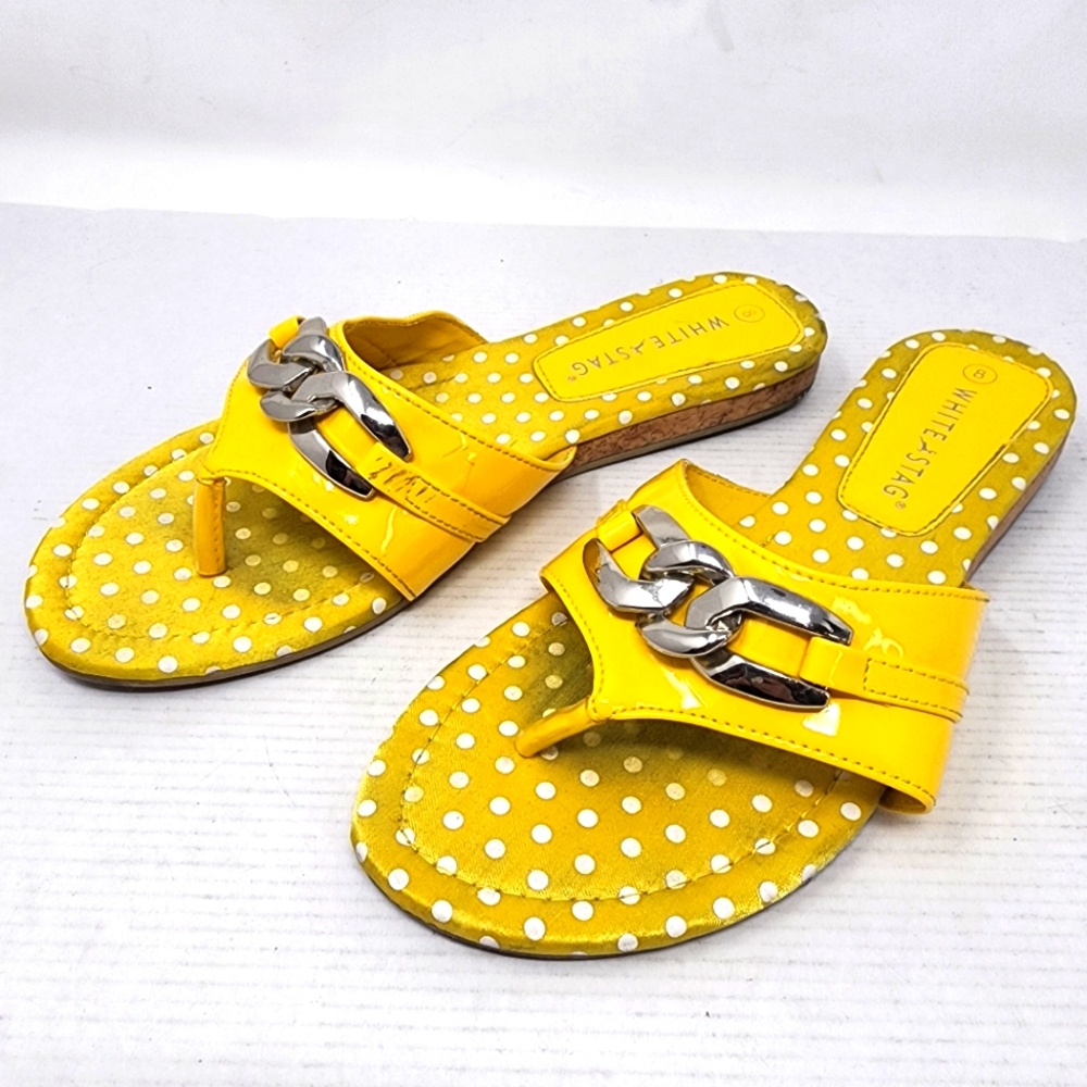 Vintage Y2k White Stag Yellow Polka Dot Chain Thong Sandals Retro Slides Size 8‎